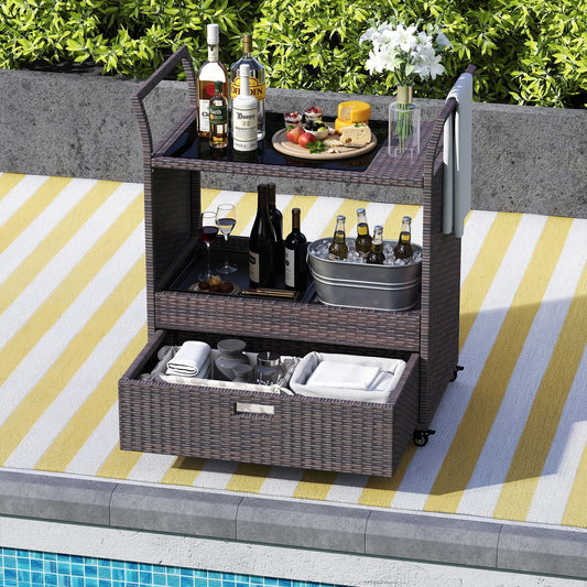 Outdoor Wicker Bar Cart Table with Tempered Glass Top - Tampa Home & Garden Store