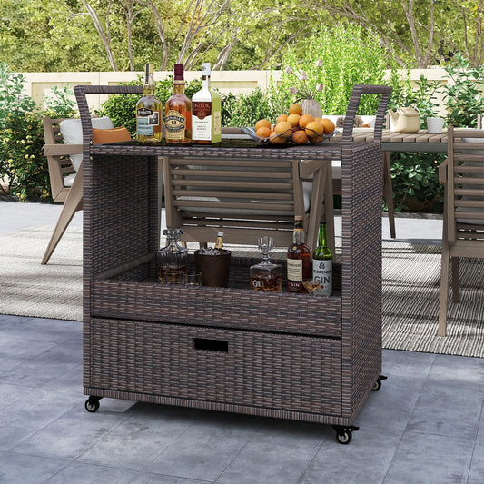 Outdoor Wicker Bar Cart Table with Tempered Glass Top - Tampa Home & Garden Store