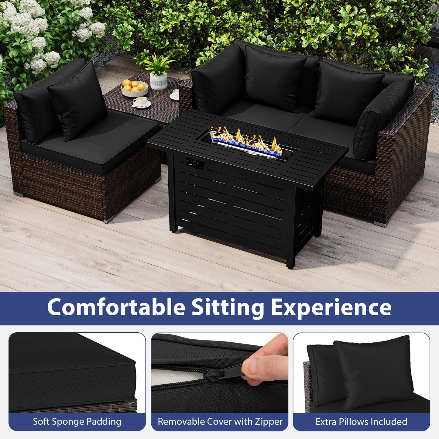 Heavy-duty Frame Rattan Sofa Set with 60000 BTU Firepit Table