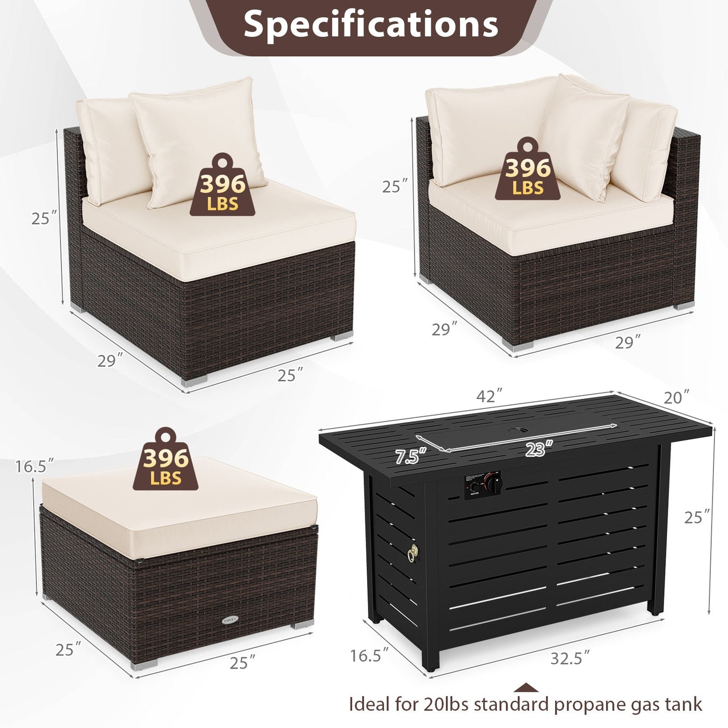 Heavy-duty Frame Rattan Sofa Set with 60000 BTU Firepit Table