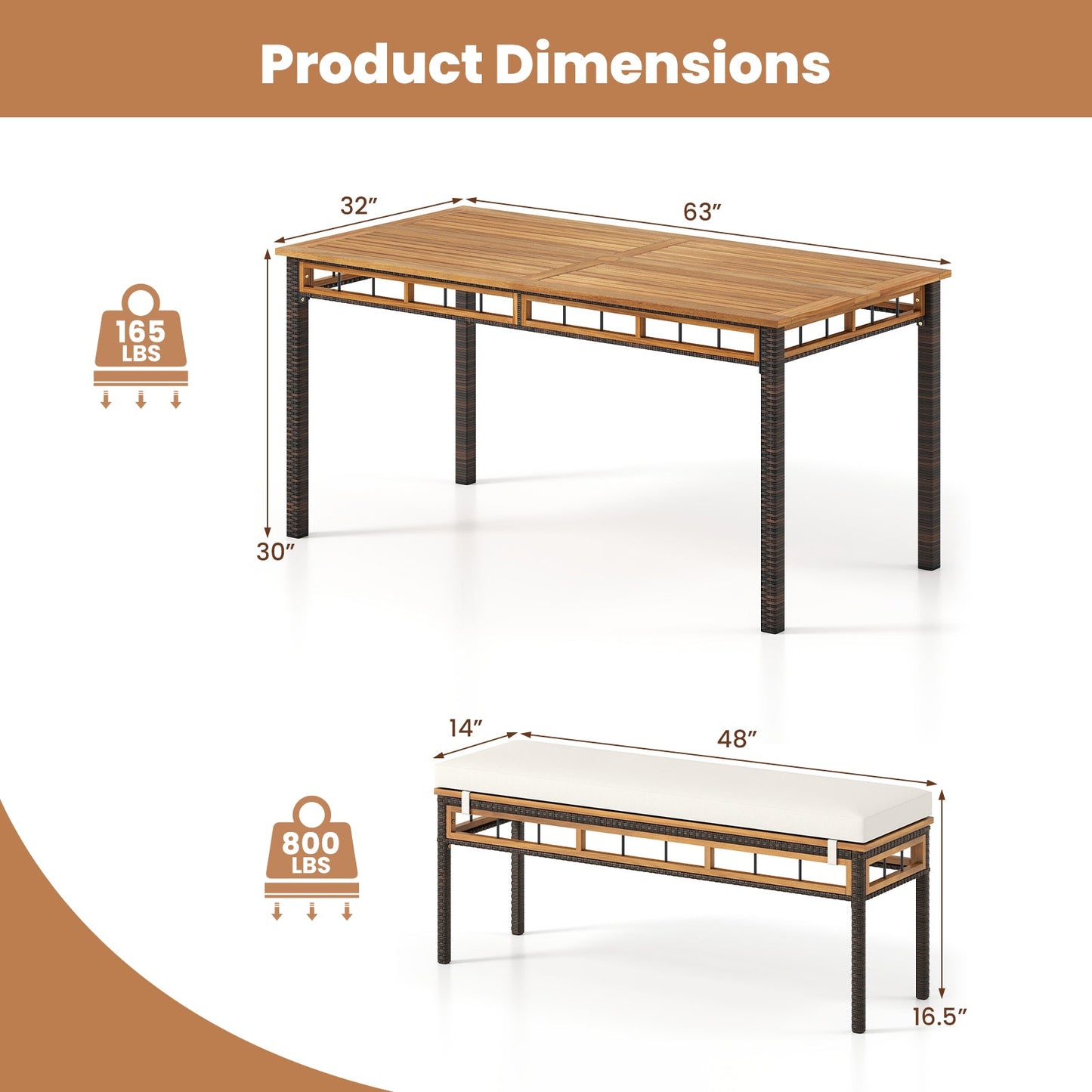 3 Pieces Acacia Wood Patio Dining Set for Deck and Backyard