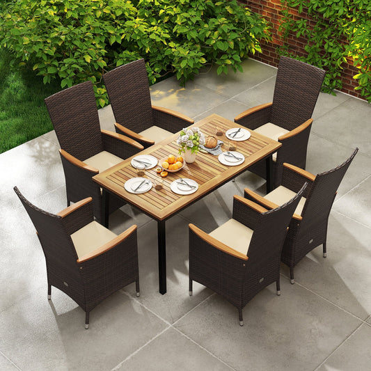 Outdoor Dining Set for 6 Patio Wicker Armchairs and Acacia Wood Table - Tampa Home & Garden Store