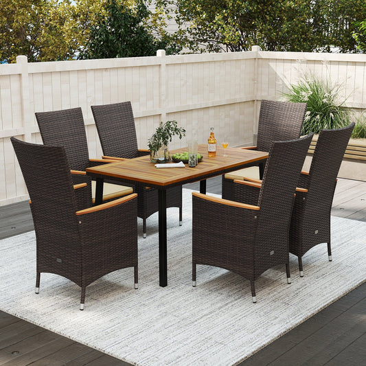 Outdoor Dining Set for 6 Patio Wicker Armchairs and Acacia Wood Table - Tampa Home & Garden Store