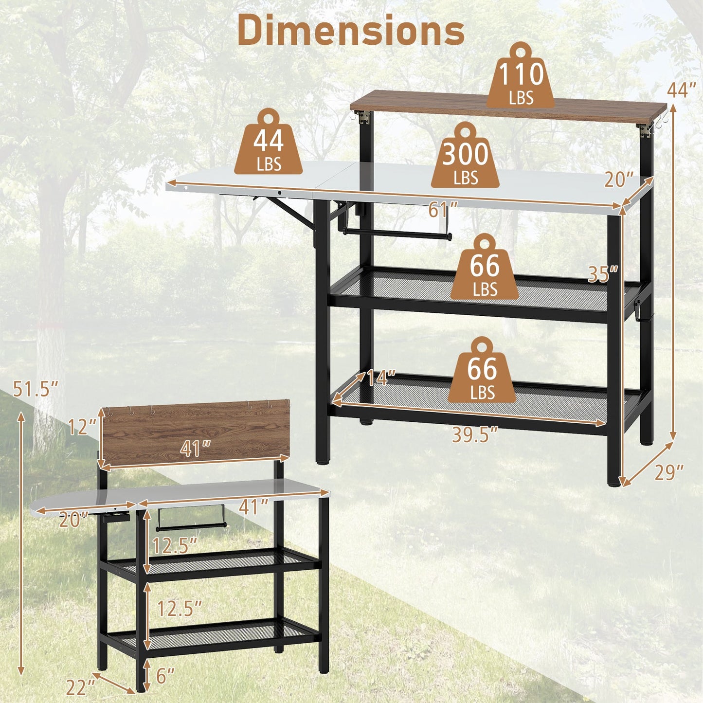 GemGear outdoor foldable grill table with flip-up top and two storage shelves, wood top on Tampa Home & Garden Store