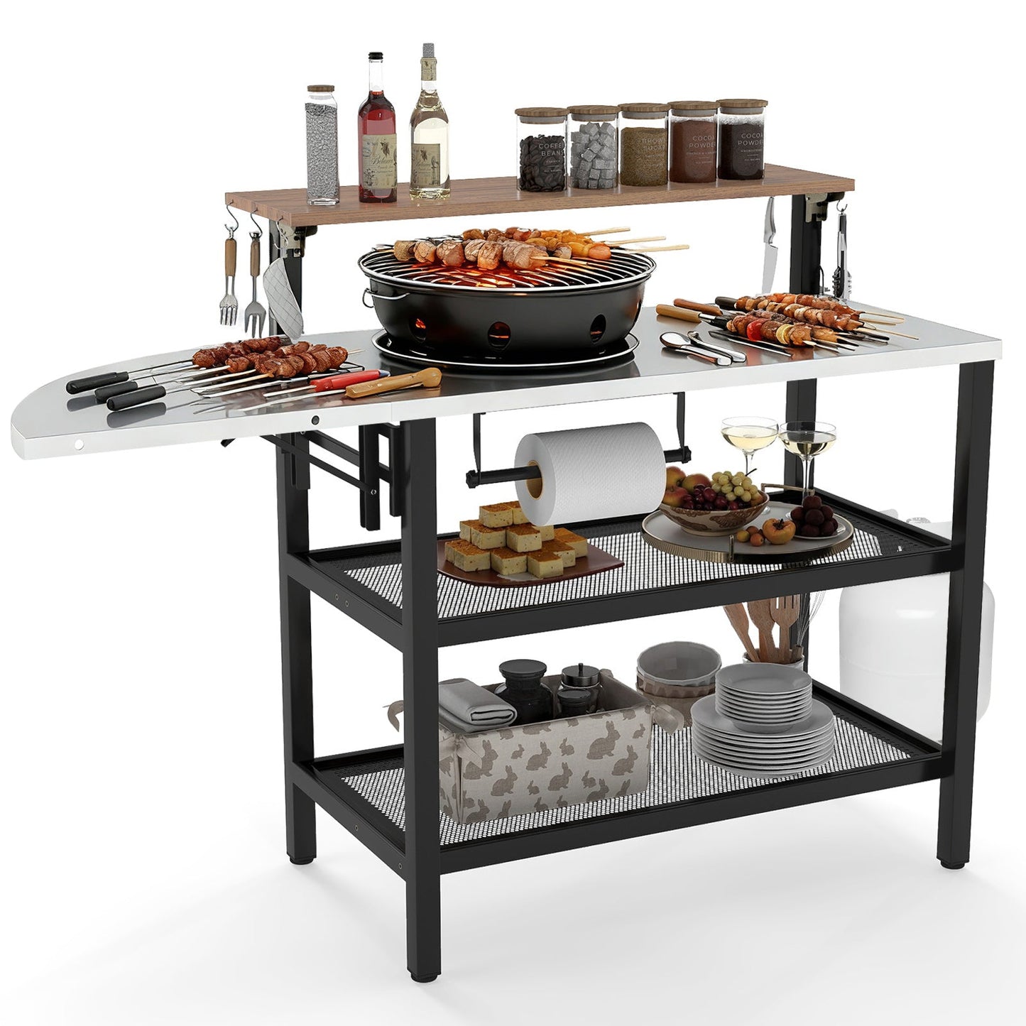 GemGear outdoor foldable grill table with flip-up top and 2 storage shelves, stainless steel top on Tampa Home & Garden Store