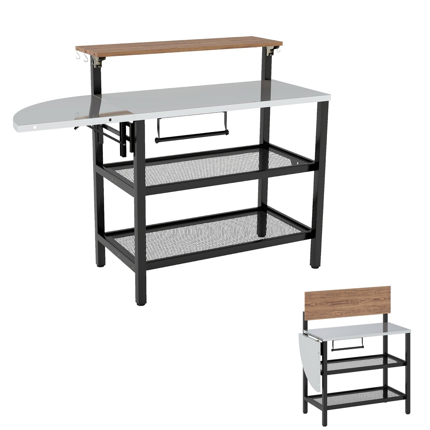 Outdoor foldable grill table with flip-up wooden top black steel frame 2 storage shelves on Tampa Home & Garden Store