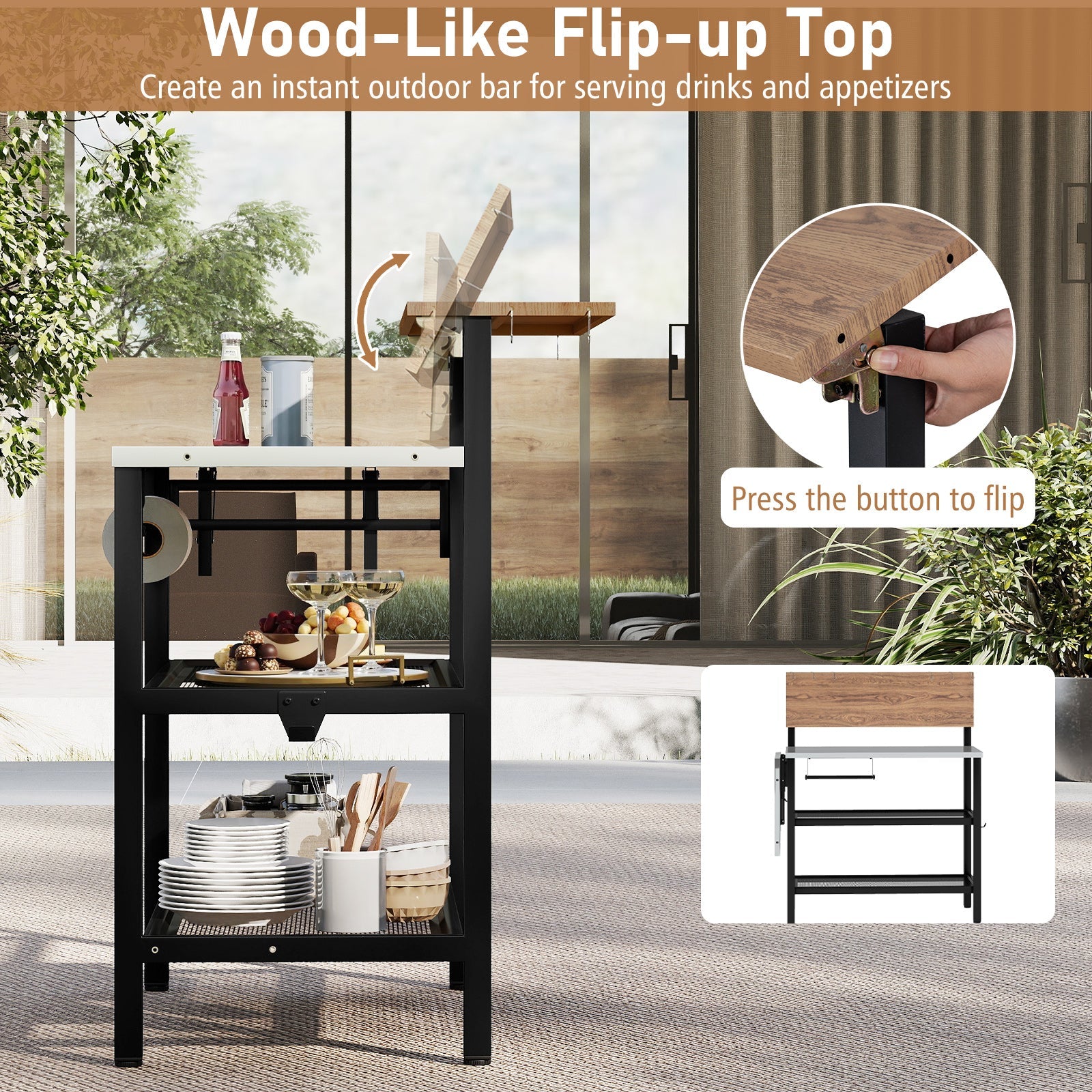 GemGear outdoor foldable grill table with woodlike flip-up top and 2 shelves, black frame on Tampa Home & Garden Store