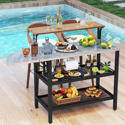 GemGear outdoor foldable grill table with flip-up top and two storage shelves, wood top, black frame on Tampa Home & Garden Store