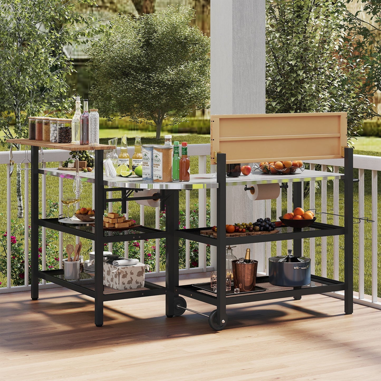 GemGear outdoor foldable grill table with flip-up top and 2 storage shelves, black frame on Tampa Home & Garden Store