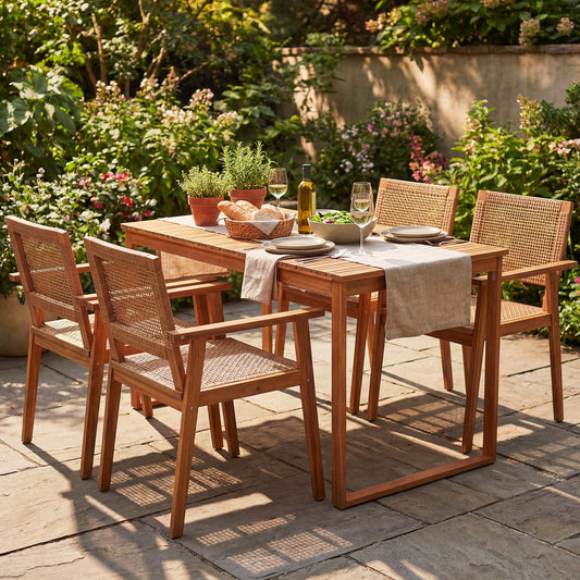 5 Pieces Acacia Wood Dining Set with Outdoor Table and Rattan Chairs for 4 Persons - Tampa Home & Garden Store