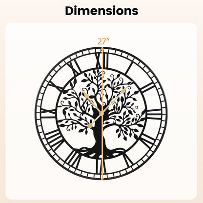 Large Wall Clock 27 Inch Tree of Life Big Metal Wall Clock-Black