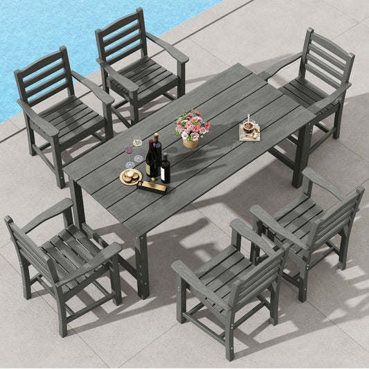 7 Pieces Outdoor Dining Table Set for 6 People 67 Inch HDPE Patio Rectangle Table and 6 Armchairs - Tampa Home & Garden Store