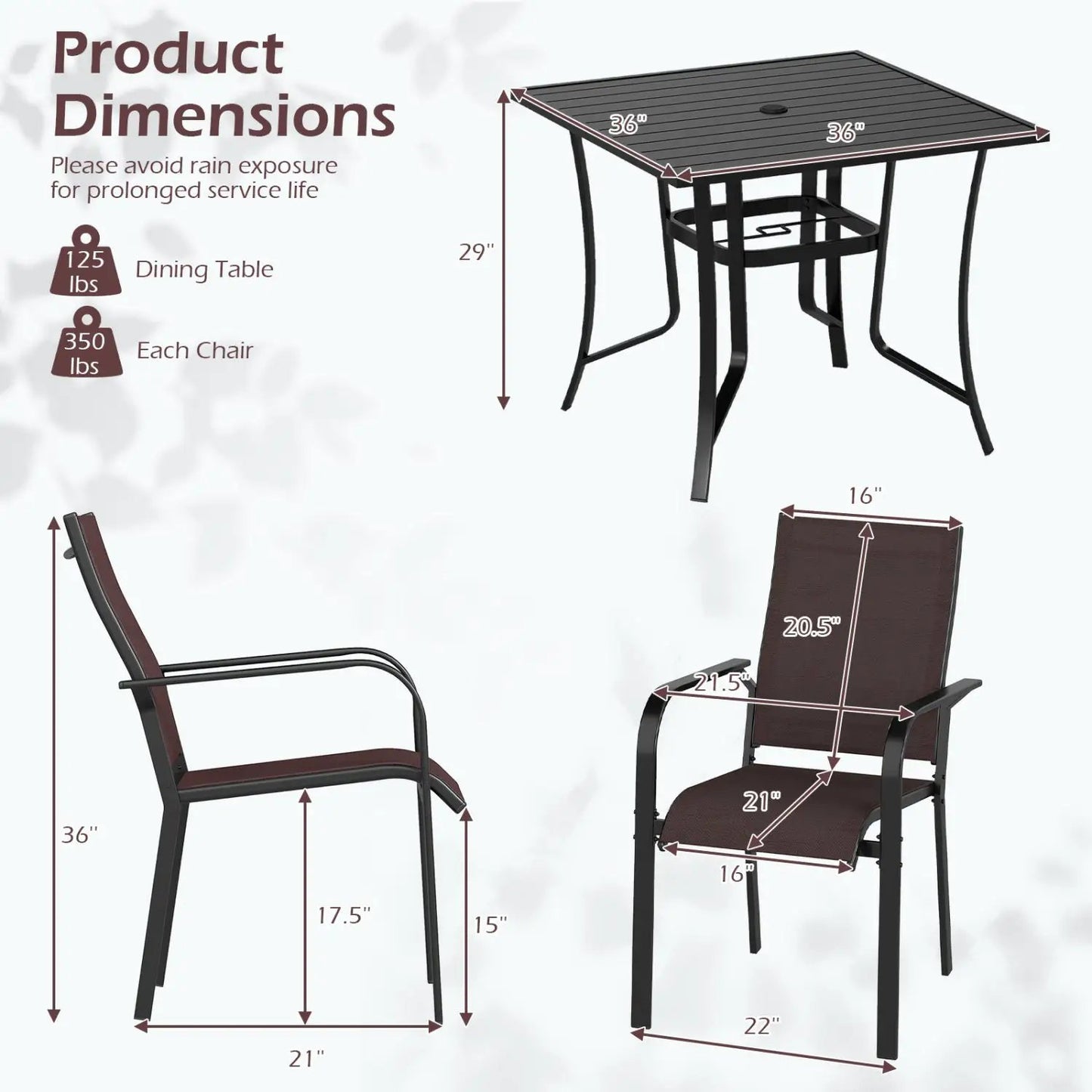 5 Piece Patio Dining Set for Four with Chairs