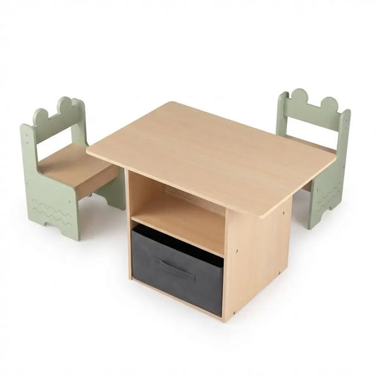 Wooden kids table and chairs set with 2 compartments, wood table and pale-green chairs on Tampa Home & Garden Store