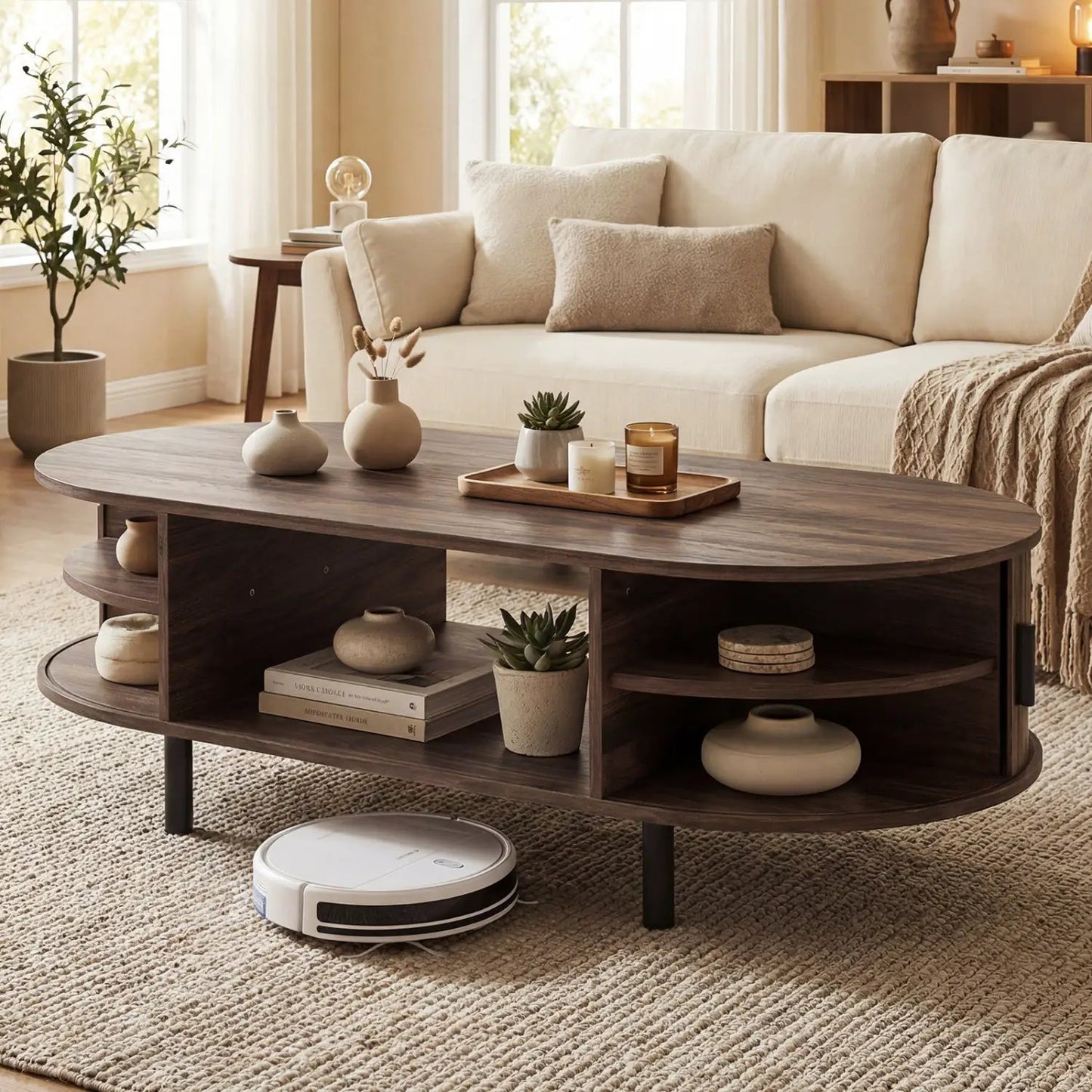 Oval wooden coffee table with storage in dark finish, beige sofa setting on Tampa Home & Garden Store