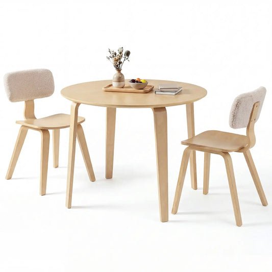 3 piece dining table set: round rubber wood table with 2 padded beige chairs on Tampa Home & Garden Store