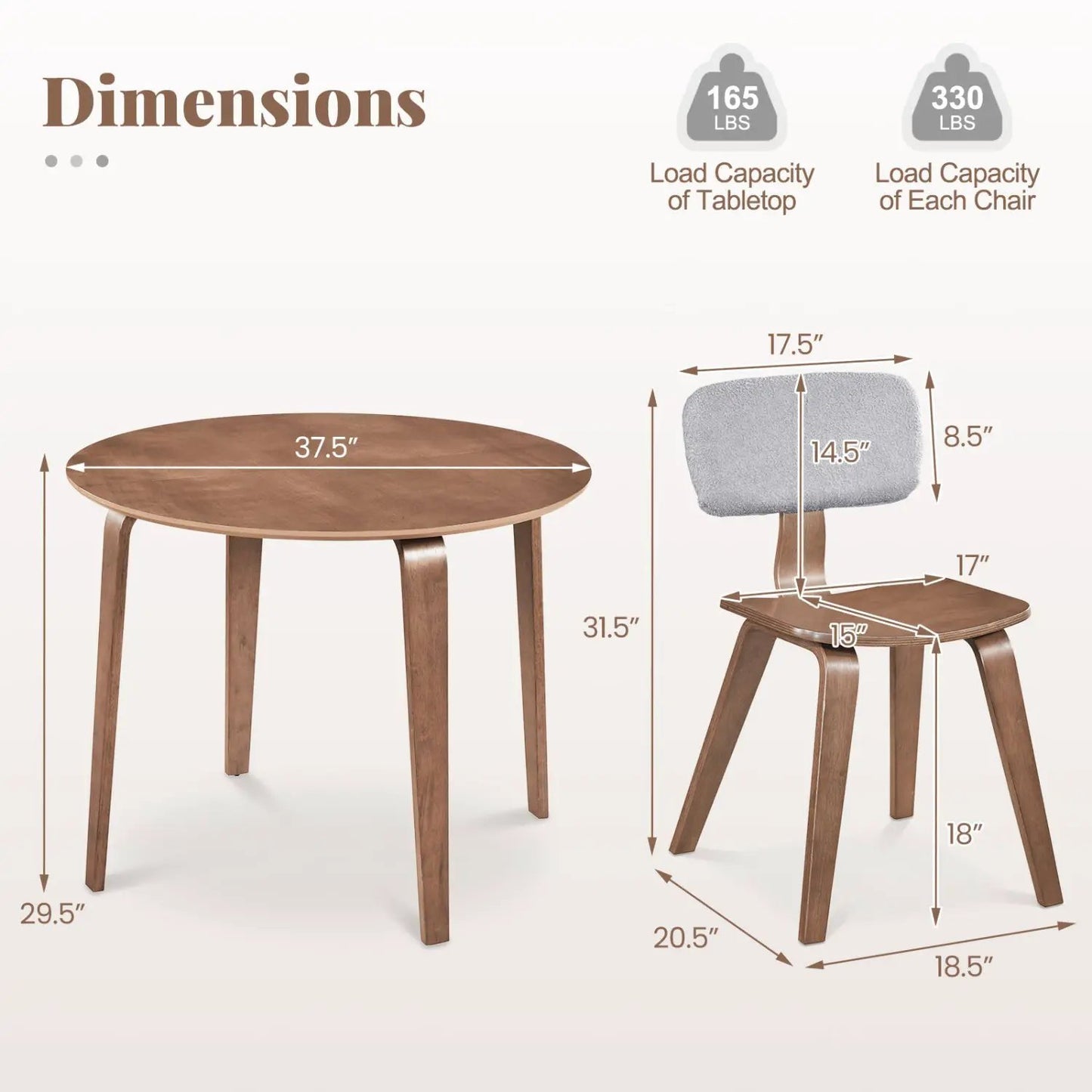 Rubber Wood 3 Piece Dining Set with Padded Chairs