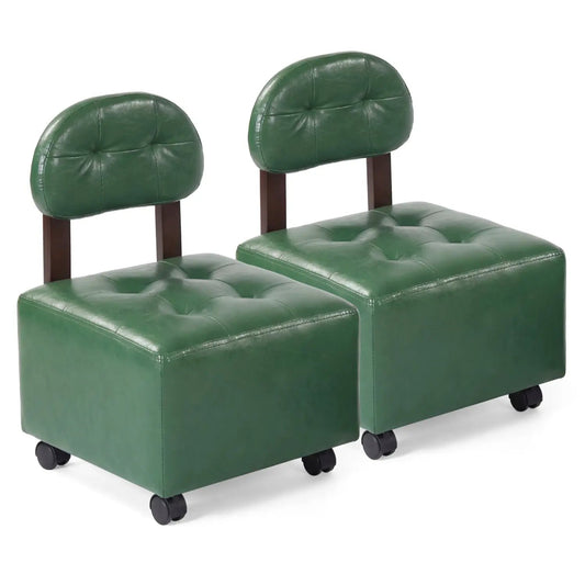Small rolling footrest stools set of 2 in green tufted faux-leather with caster wheels on Tampa Home & Garden Store