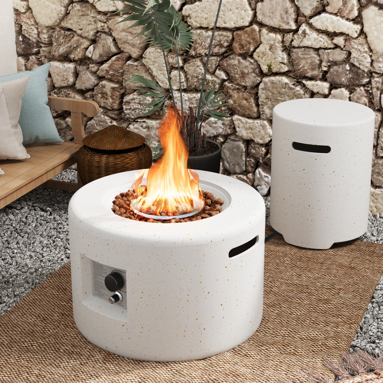 40 000 BTU fire pit table set with hideaway tank holder; two white speckled cylinders blaze on patio on Tampa Home & Garden Store
