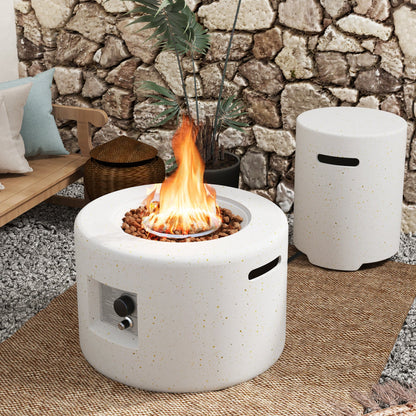 40 000 BTU fire pit table set with hideaway tank holder; two white speckled cylinders blaze on patio on Tampa Home & Garden Store
