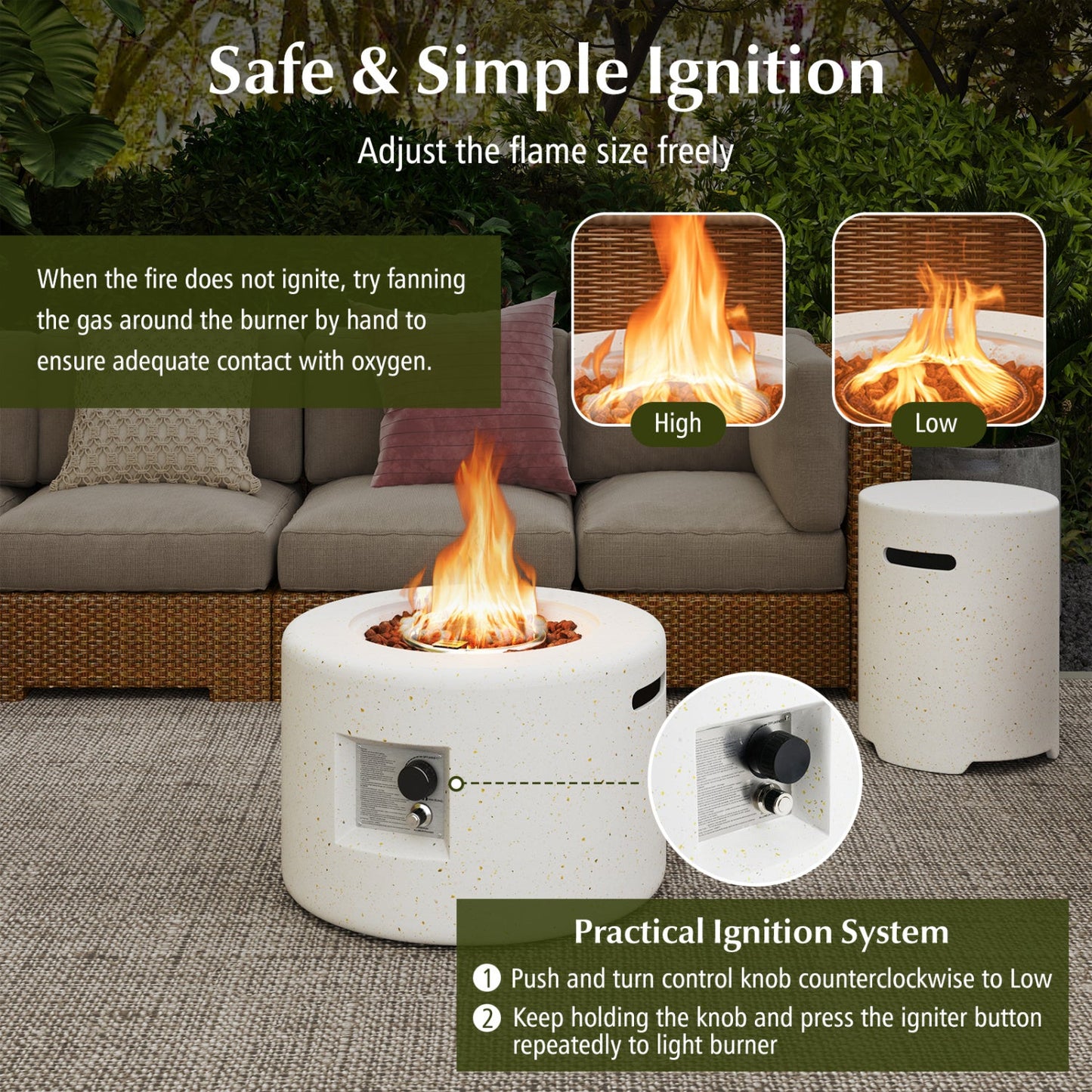 40,000 BTU fire pit table set with hideaway tank holder in white speckled finish outdoors on Tampa Home & Garden Store
