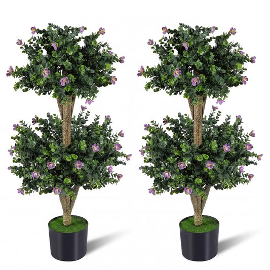 2 Pack 36" Artificial Double Ball Boxwood Topiary Tree with 41 Blossoms