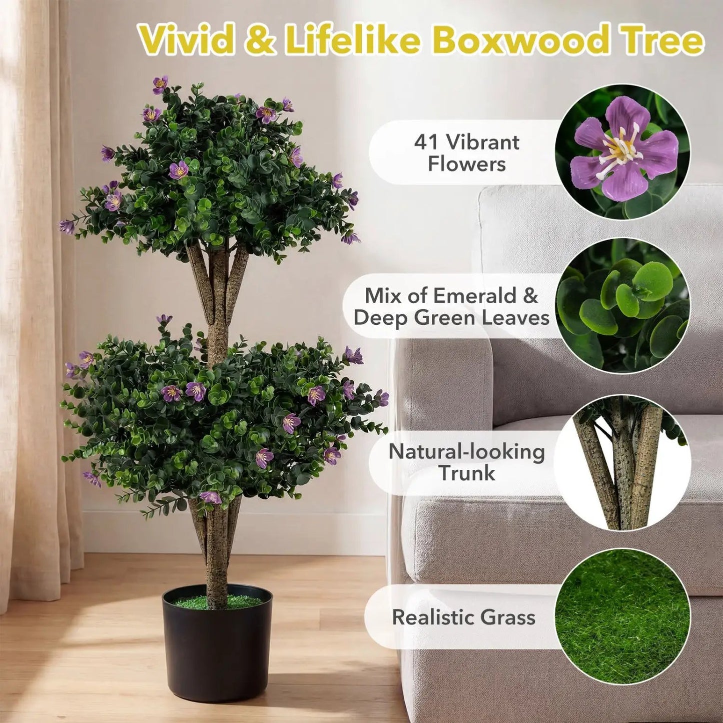 2 Pack 36" Artificial Double Ball Boxwood Topiary Tree with 41 Blossoms