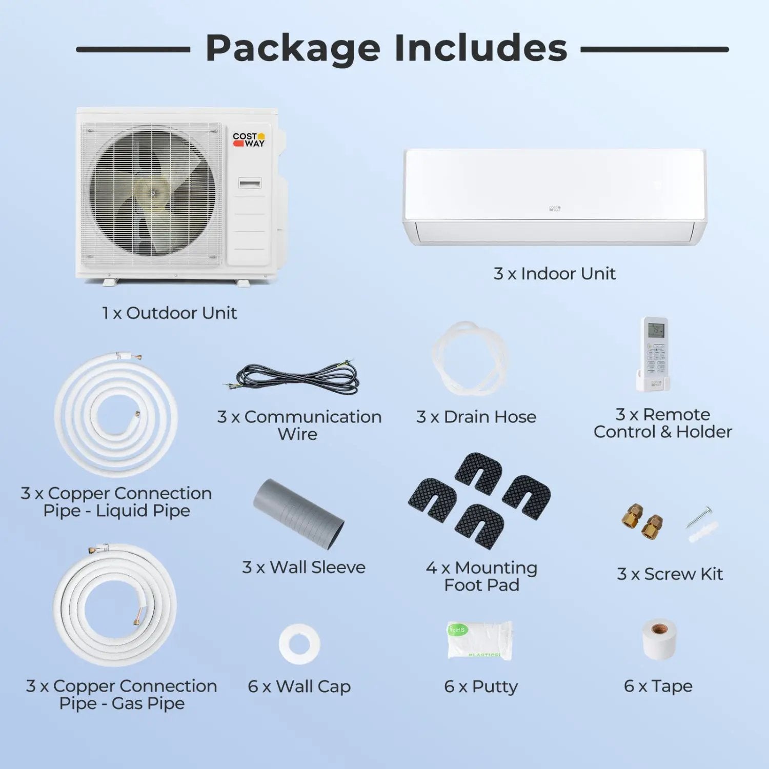 X-Pro 35000 BTU split AC package: 1 Costway outdoor unit, 3 indoor units, accessories in white on Tampa Home & Garden Store