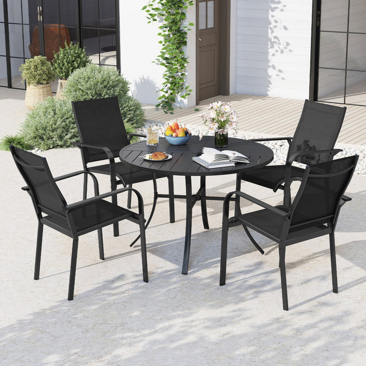 DirectDeals 5-piece patio dining set with round 42.5-in metal table and four black mesh chairs on Tampa Home & Garden Store