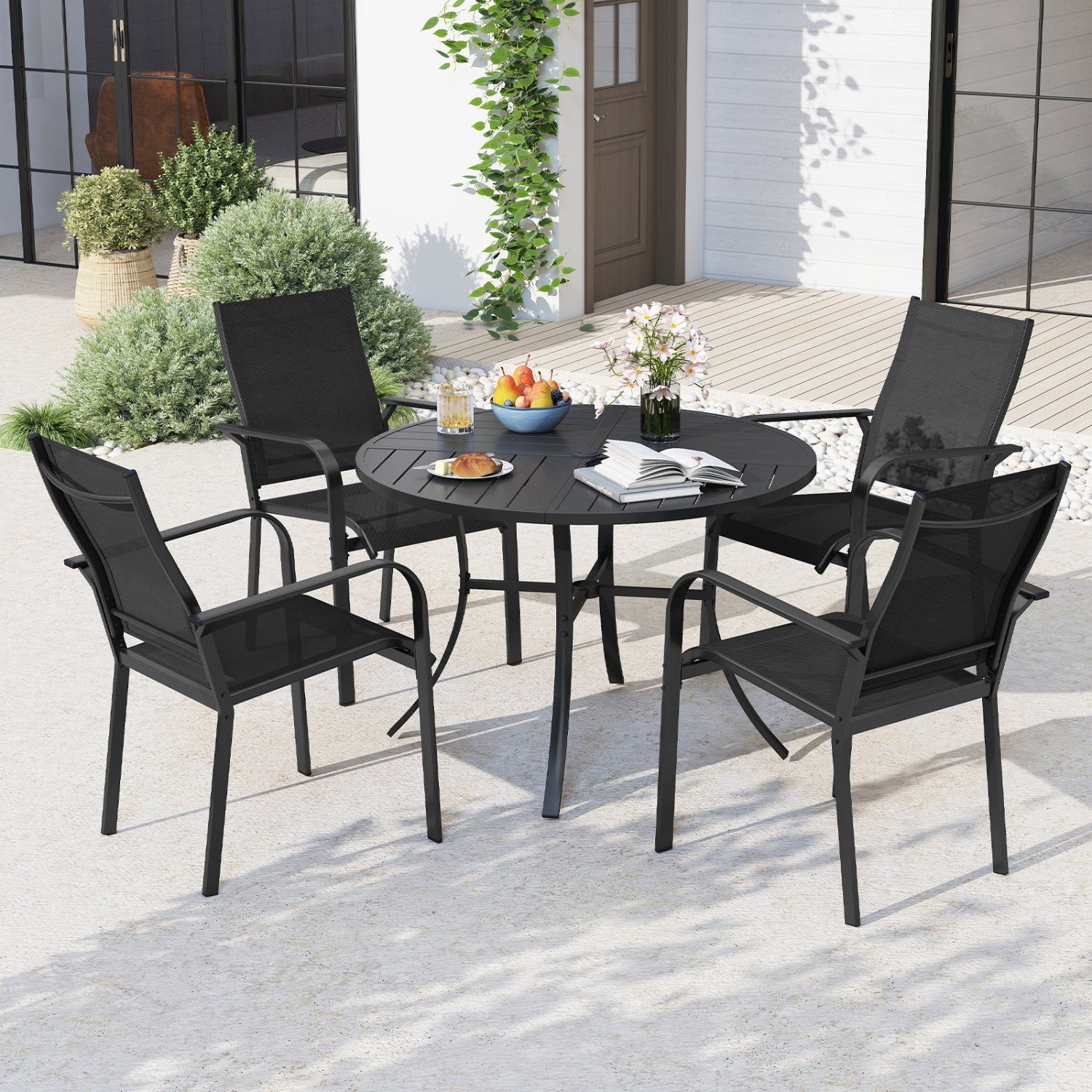 DirectDeals 5-piece patio dining set with round 42.5-in metal table and four black mesh chairs on Tampa Home & Garden Store
