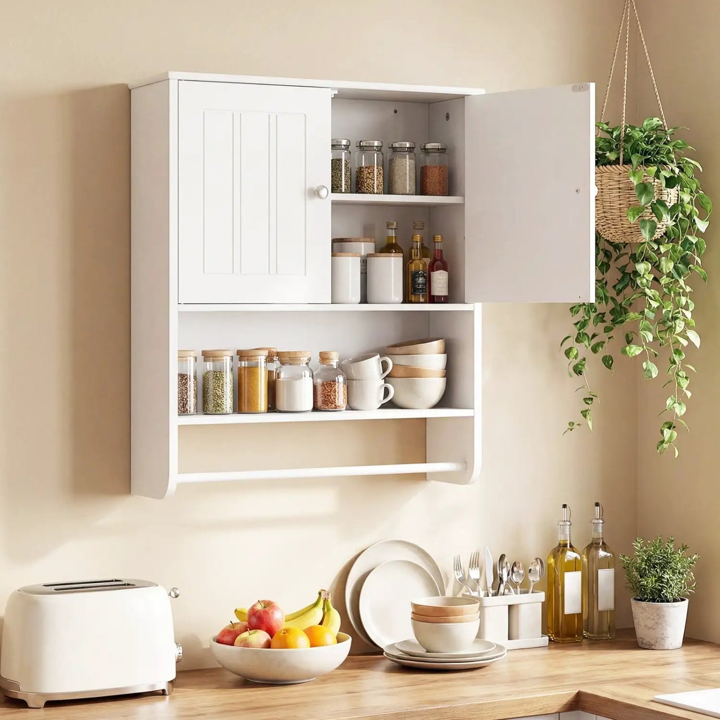 Bathroom Wall Cabinet with Towel Bar and Open Shelf and Adjustable Shelf