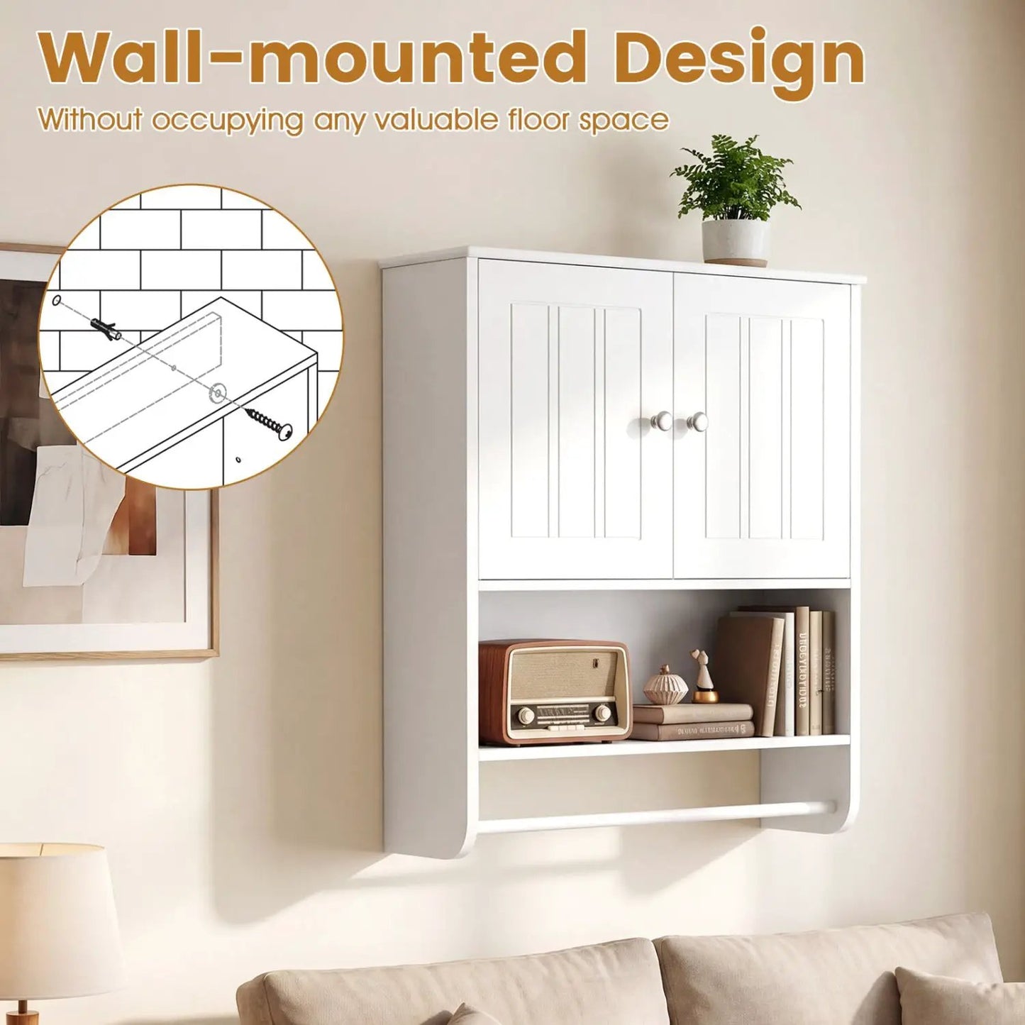 Bathroom Wall Cabinet with Towel Bar and Open Shelf and Adjustable Shelf