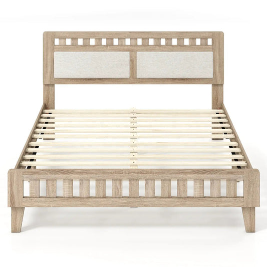 Queen Wood Bed Frame With Upholstered Headboard