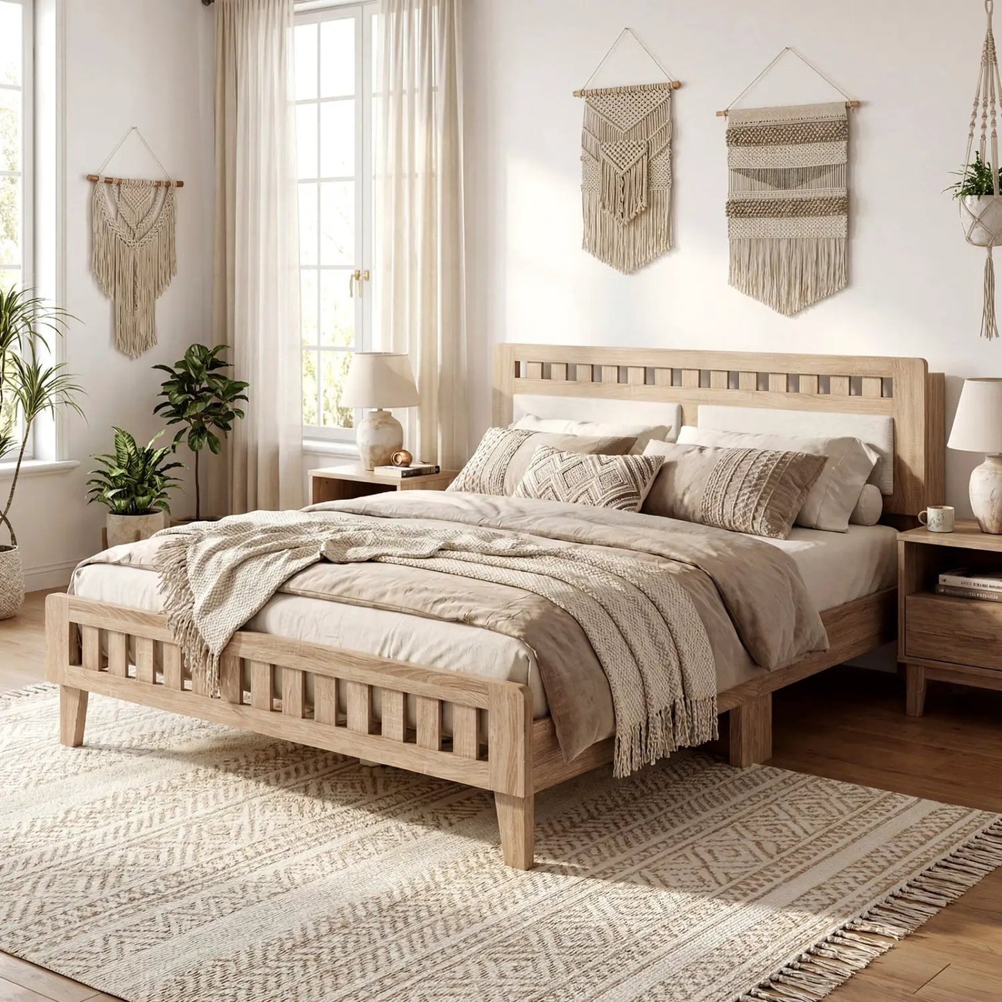 Queen Wood Bed Frame With Upholstered Headboard