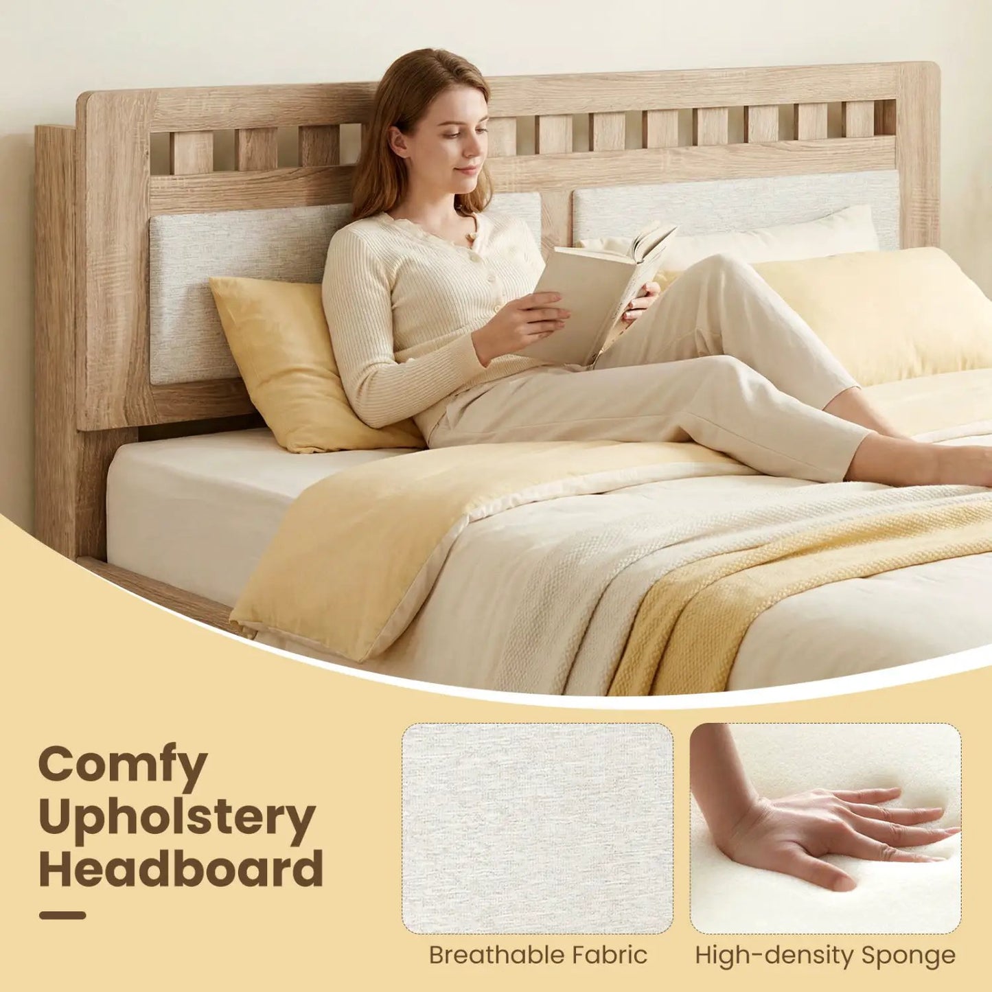 Queen Wood Bed Frame With Upholstered Headboard