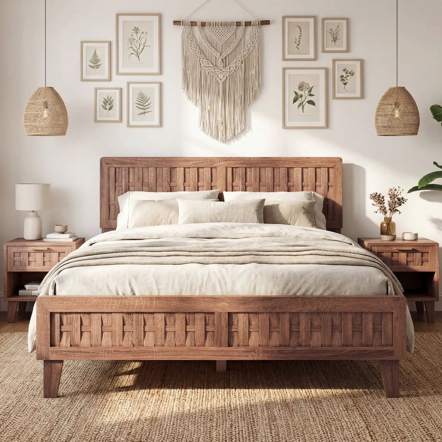 Mid Century Queen Bed Frame With Woven Headboard