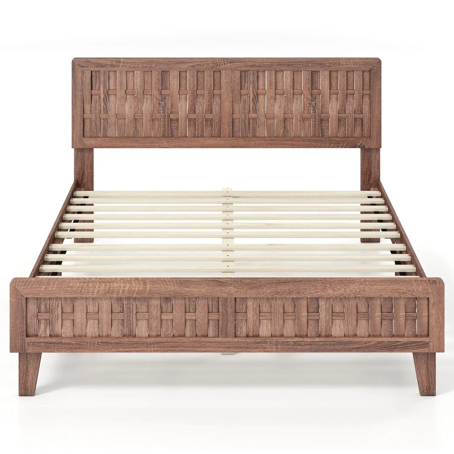 Mid Century Queen Bed Frame With Woven Headboard
