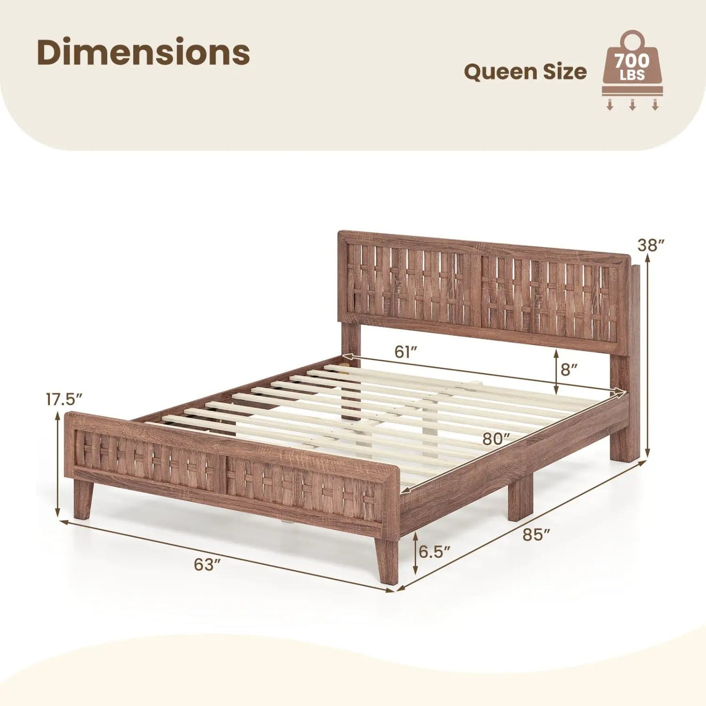 Mid Century Queen Bed Frame With Woven Headboard