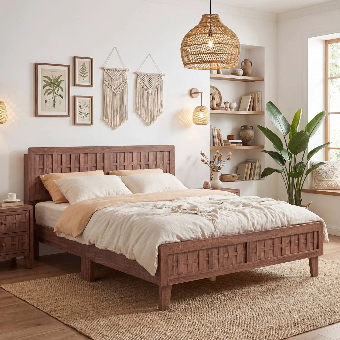 Mid Century Queen Bed Frame With Woven Headboard