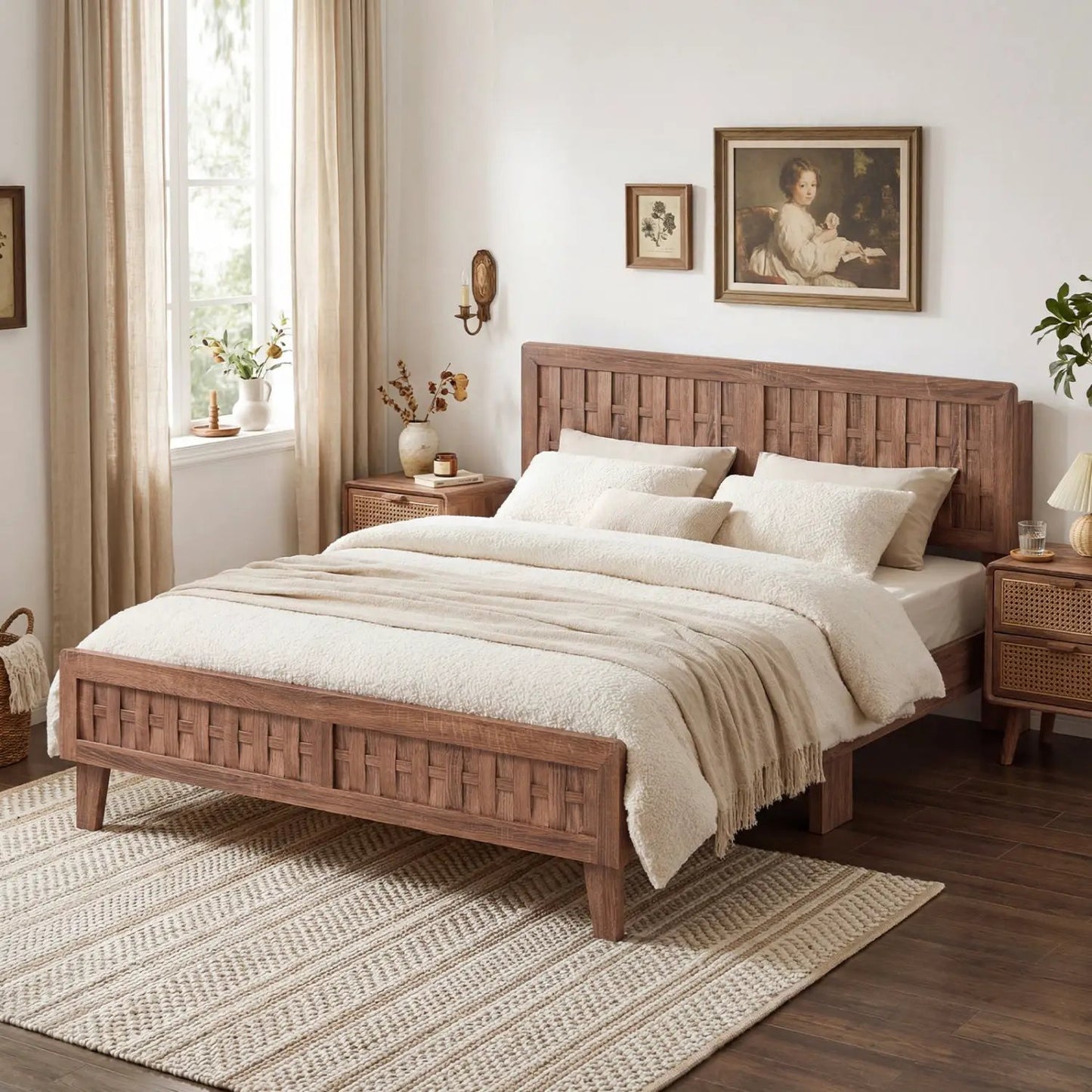 Mid Century Queen Bed Frame With Woven Headboard