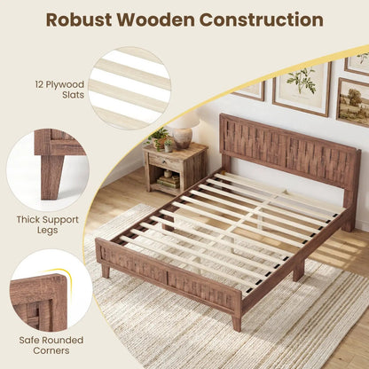 Mid Century Queen Bed Frame With Woven Headboard