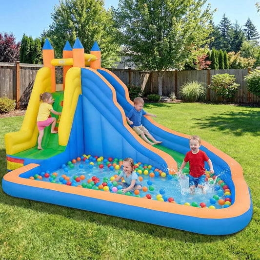 Inflatable Water Slide by DirectDeals with curved blue/orange slides and ball pit on Tampa Home & Garden Store