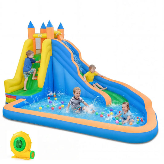Inflatable water slide with curved blue and orange lanes, 680W blower and splash pool on Tampa Home & Garden Store