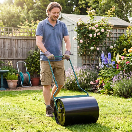 Lawn roller 16 gallon DirectDeals, green frame, black drum on Tampa Home & Garden Store