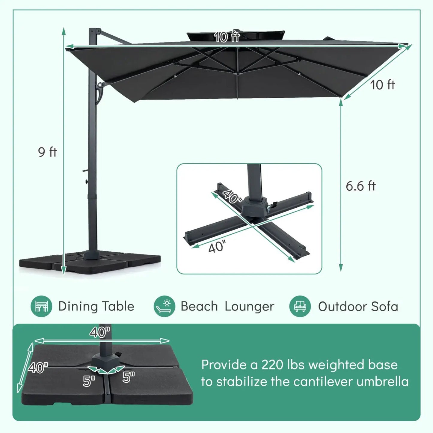 Cantilever Patio Umbrella 10 ft with 220 Lbs Base