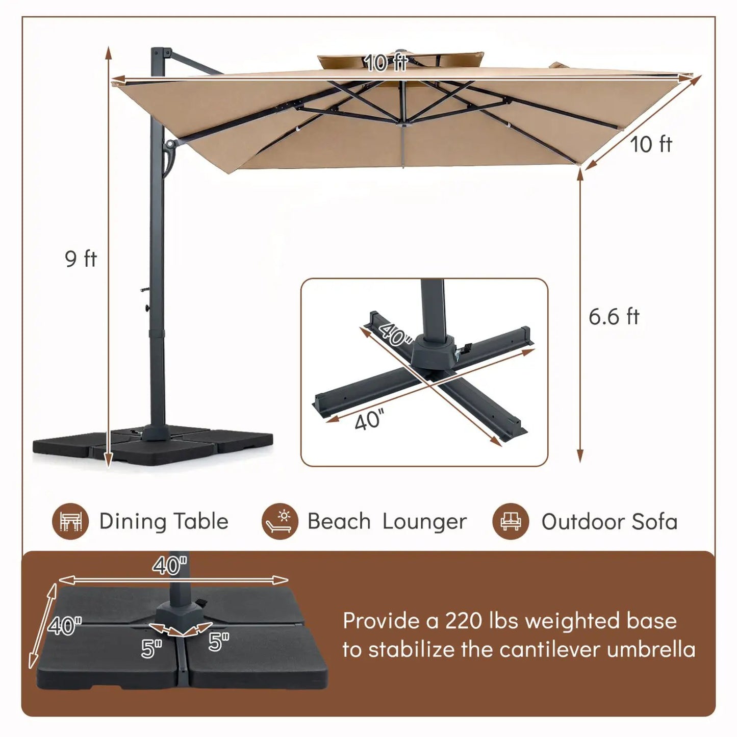 Cantilever Patio Umbrella 10 ft with 220 Lbs Base