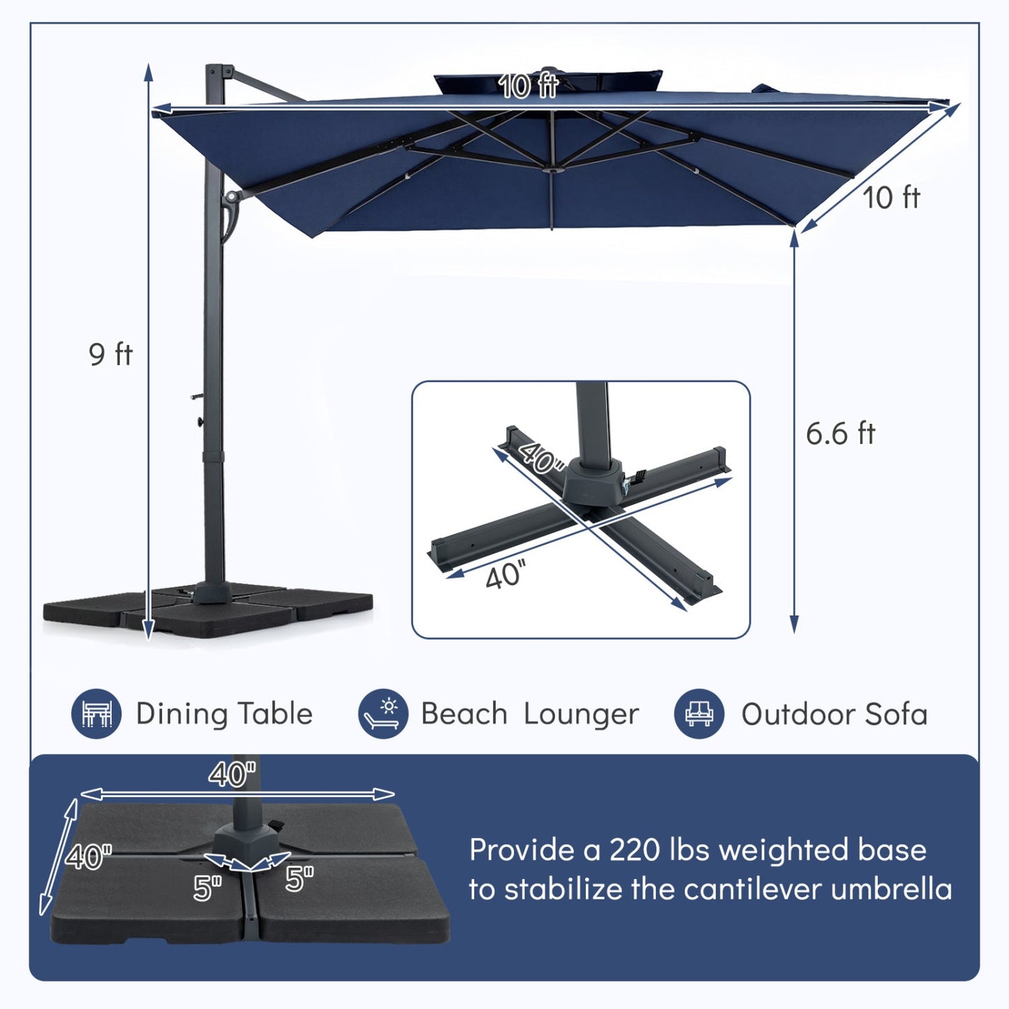 Cantilever Patio Umbrella 10 ft with 220 Lbs Base