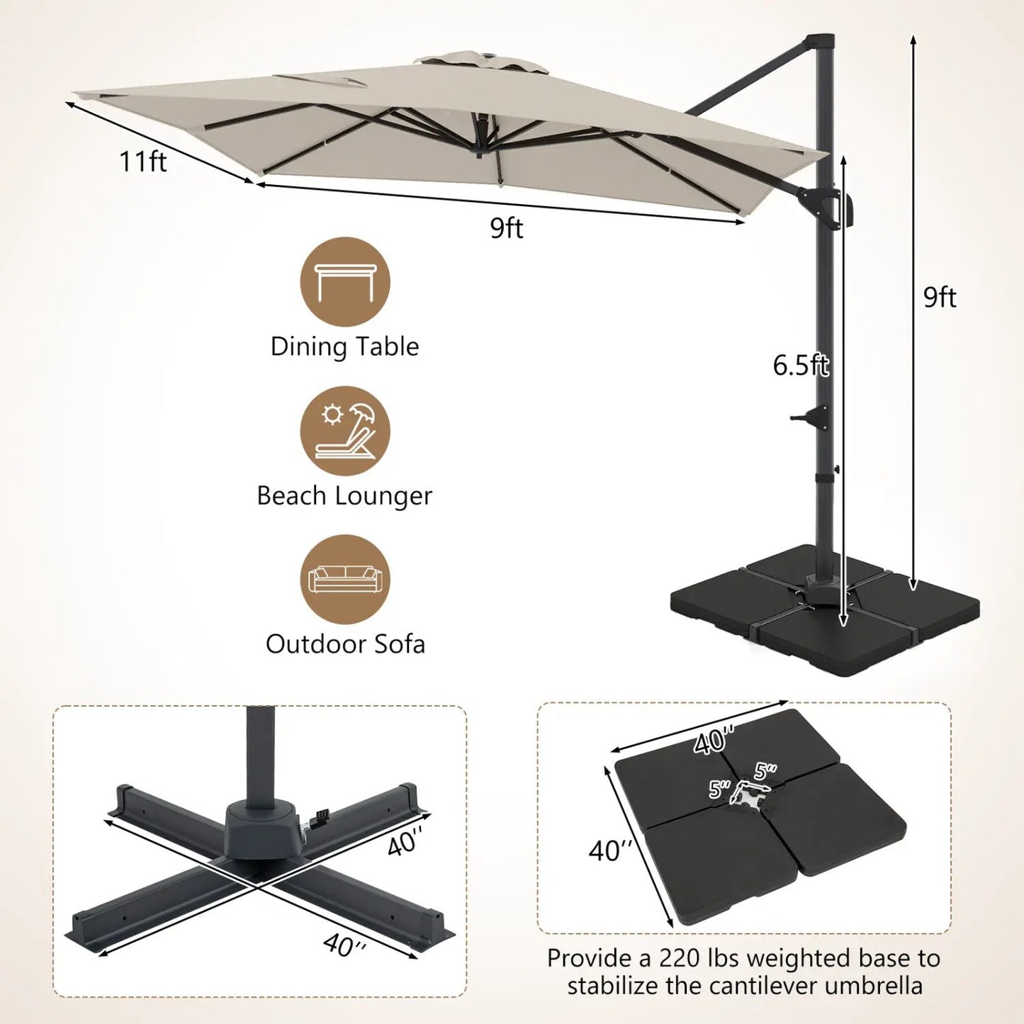 Offset Hanging Patio Umbrella 11x9 Ft Base