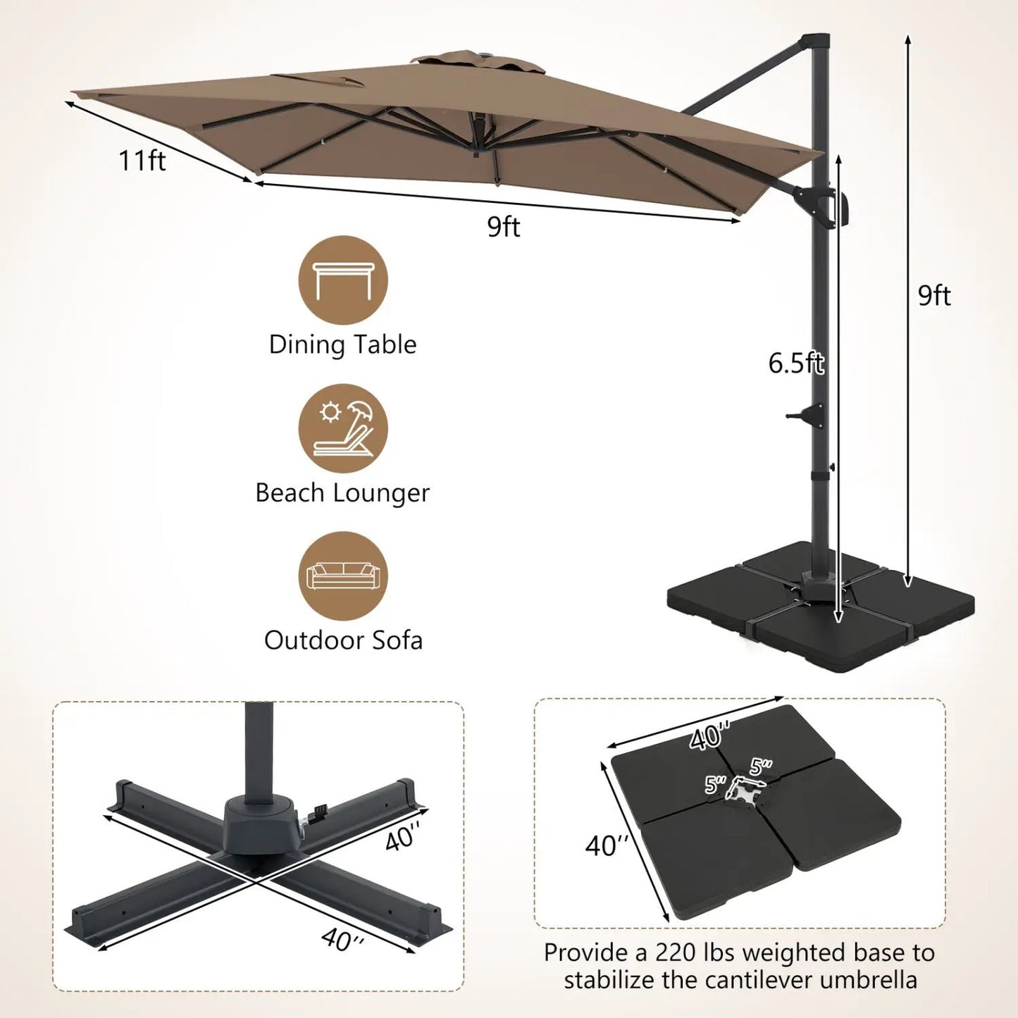 Offset Hanging Patio Umbrella 11x9 Ft Base