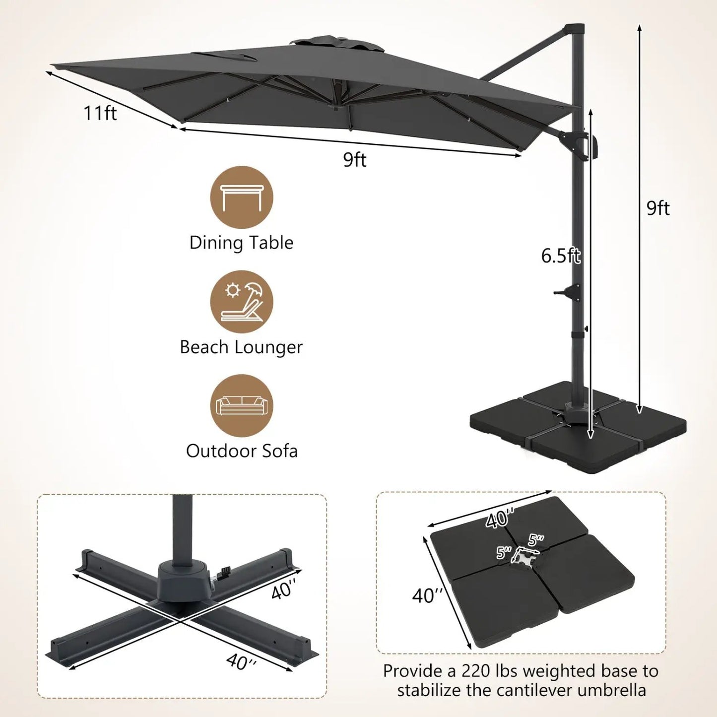 Offset Hanging Patio Umbrella 11x9 Ft Base